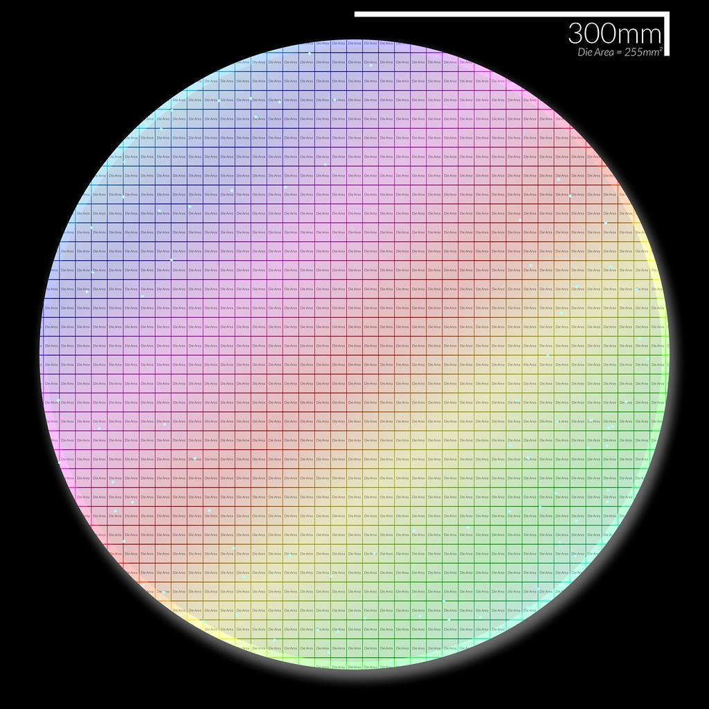 A 300 millimetre wafer annotated with its die area, each die shimmering in thin-film interference colours